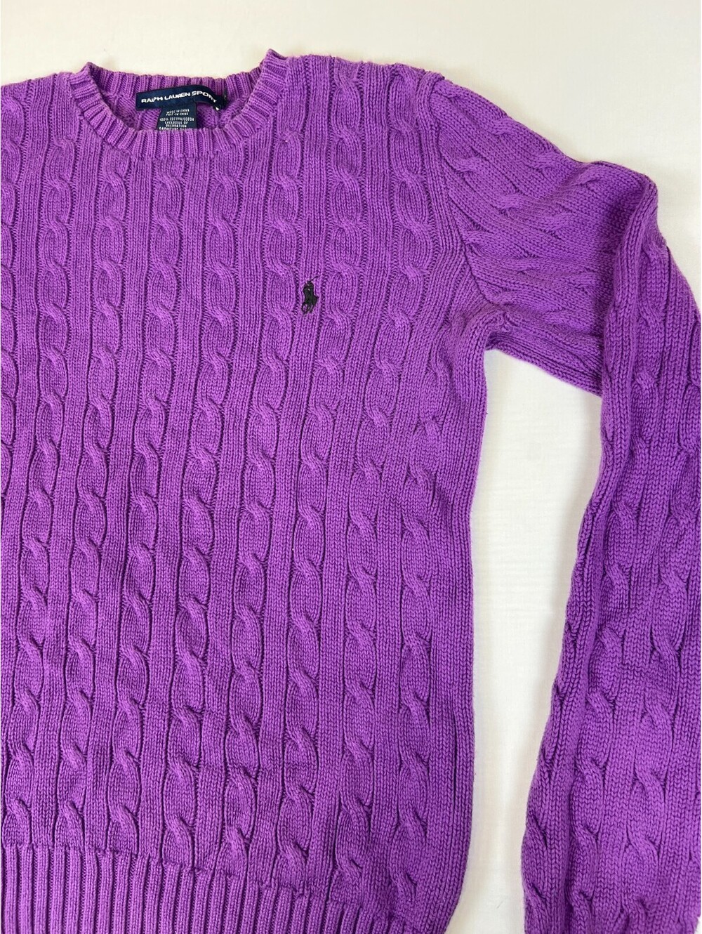 Ralph Lauren Sport Women's L Purple Cable Knit Cotton Crewneck Pullover Sweater - Picture 7 of 10